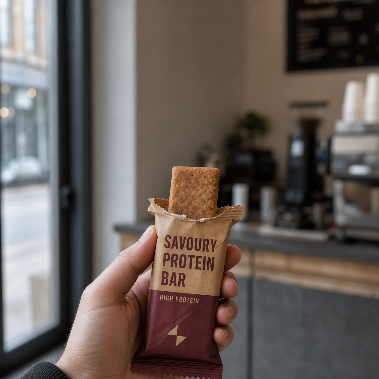 Retail-packaged savoury high-protein bar held in a café